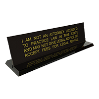 This stock notary desk sign is 2" x 8" with a Not A Lawyer disclaimer engraving. Available in 5 plate and 2 base colors. Ships quick!