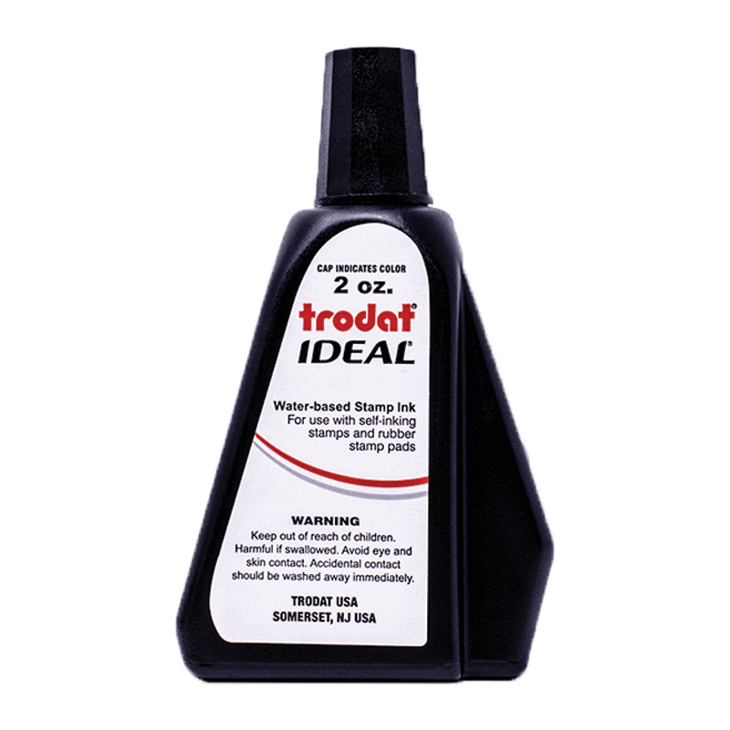 This 2 oz. bottle of ink works on all Ideal, Trodat, & Shiny self-inking stamps. Water-based ink in black ink colors. Ships quick!
