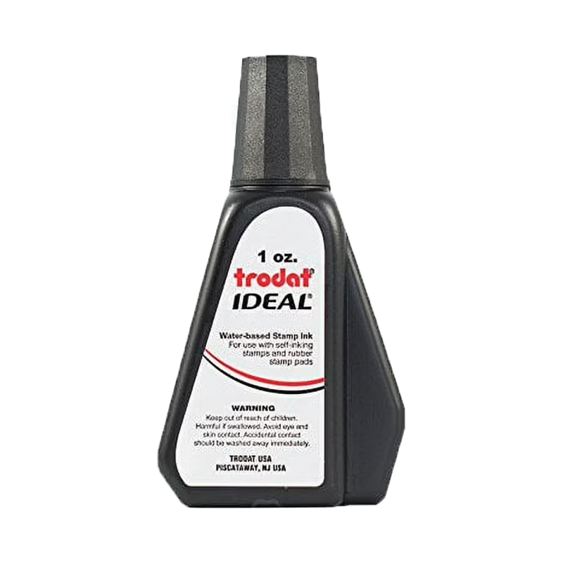 This 1 oz. bottle of ink works on all Ideal, Trodat, & Shiny self-inking stamps. Water-based ink in black ink colors. Ships quick!