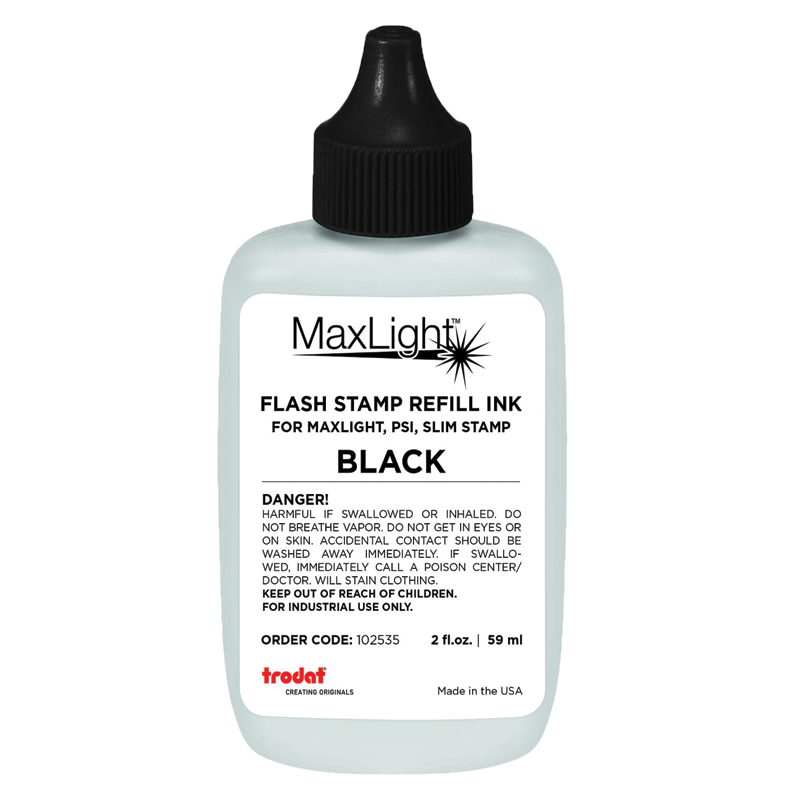 Refill 2 oz. ink for all Maxlight, Slim and Super Slim stamps. Available in black ink color. Ships quick!